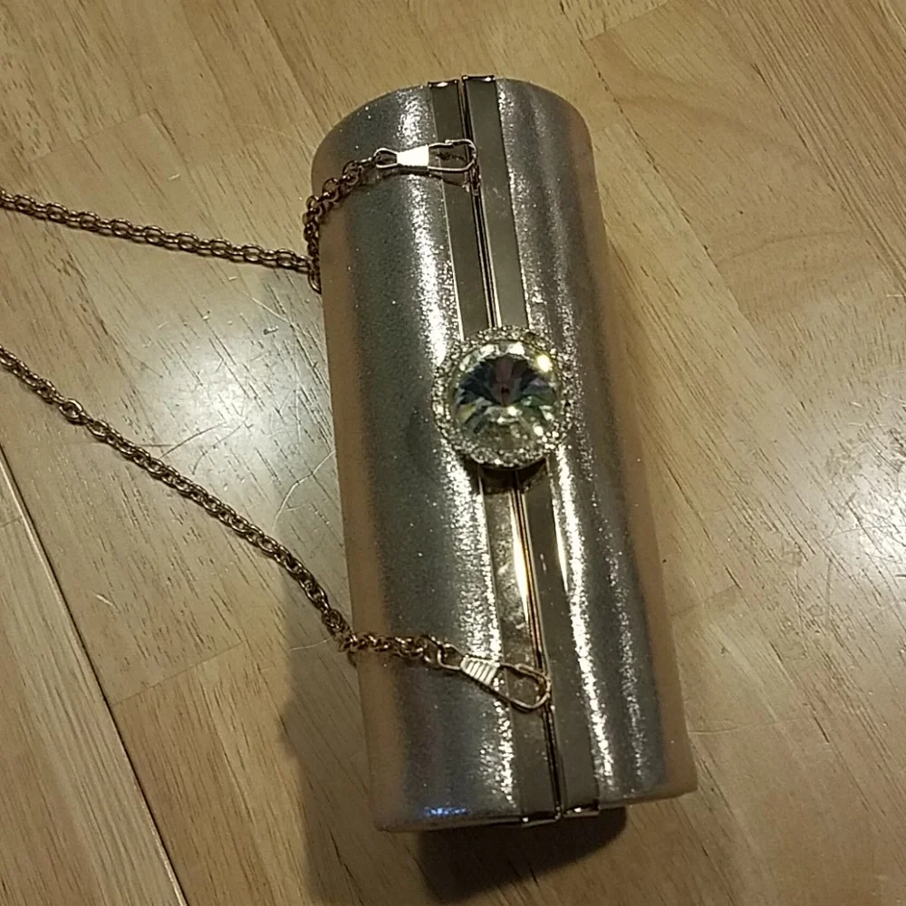 Lulu Townsend gold evening barrel crossbody clutch
